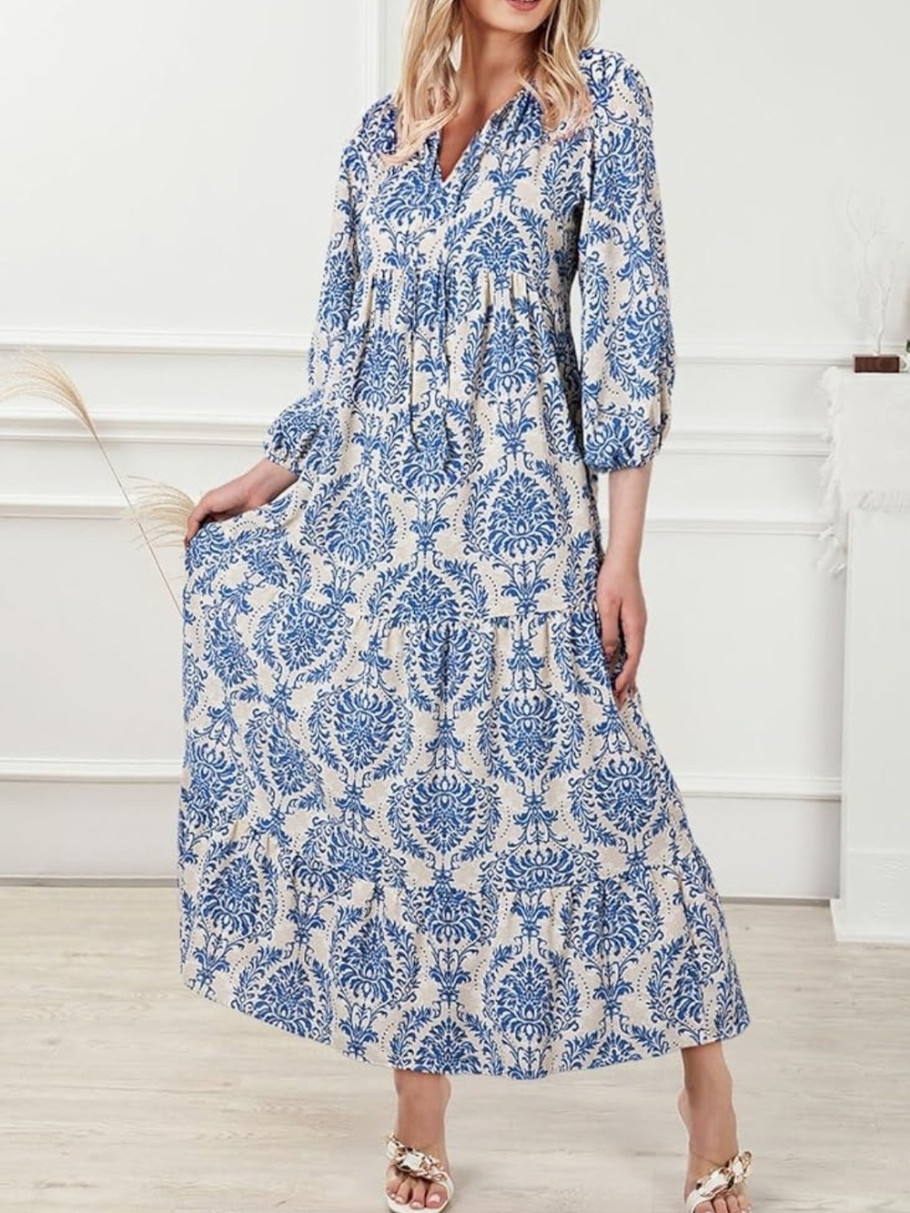 Womens Boho Maxi Dress 2026 V Neck Long Puff Sleeve Smocked Ruffle Flow
